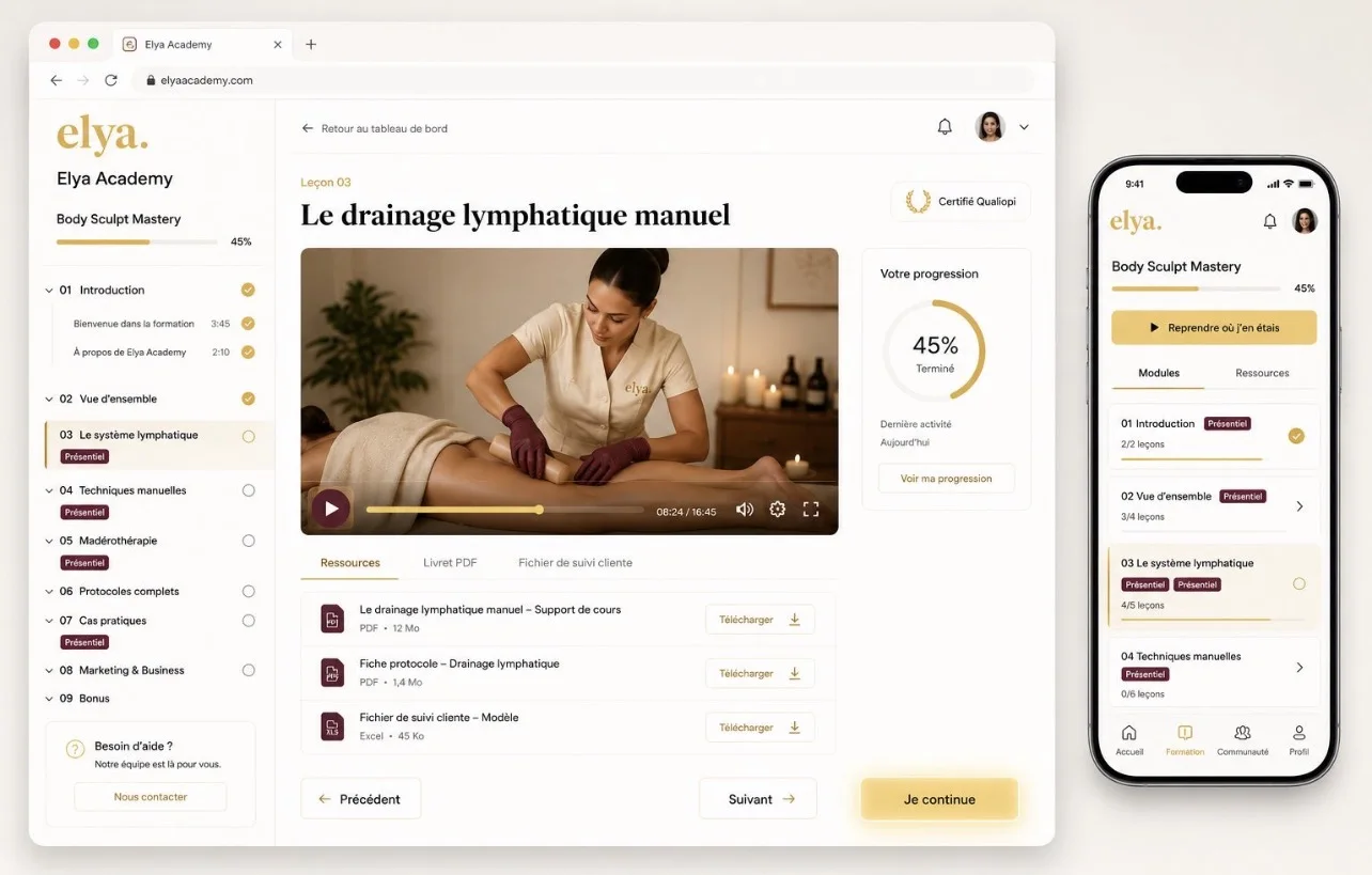 Mon application de formation Elya, sur ordinateur et téléphone