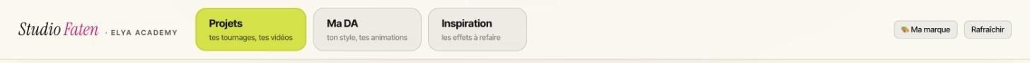 Les onglets du studio : Projets, Ma DA, Inspiration