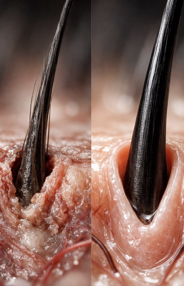 Follicule pileux avant et après protocole de mésothérapie capillaire — Elya Academy