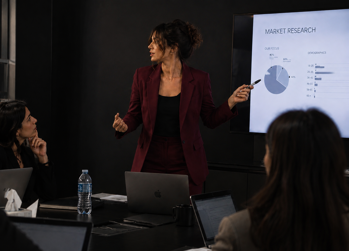 Dirigeante présentant une analyse de marché à son équipe — formation création d'entreprise