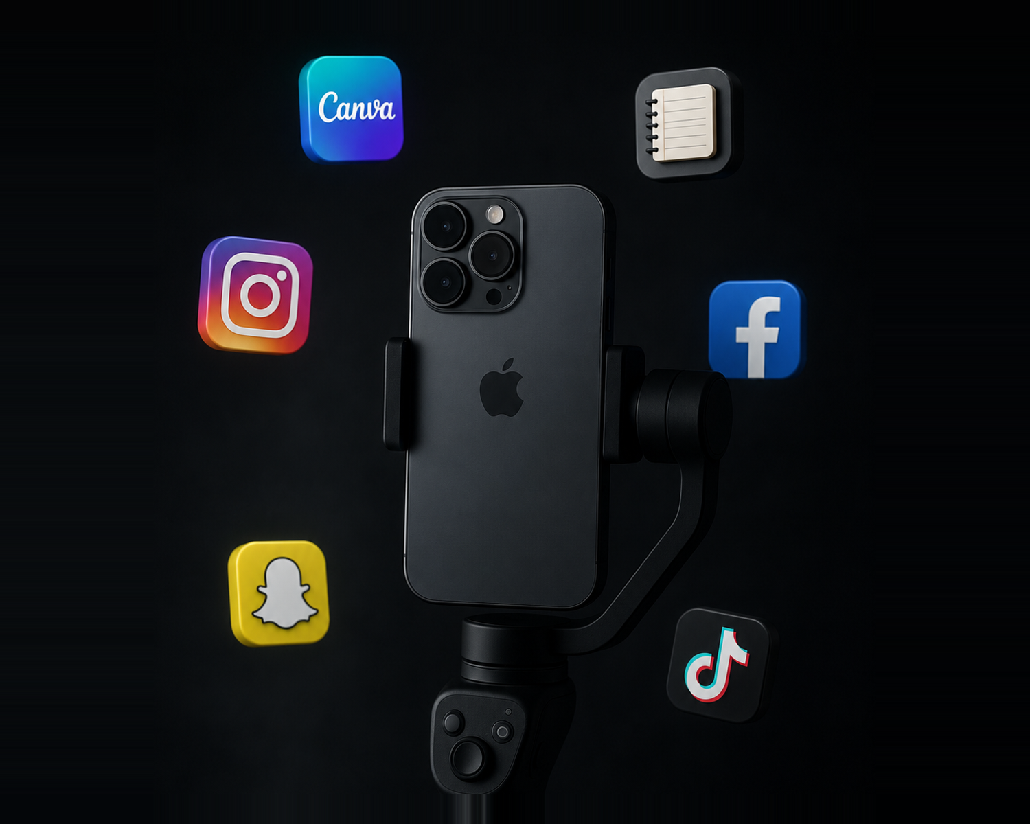 Smartphone sur stabilisateur entouré des icônes Instagram, Facebook, TikTok, Snapchat et Canva — formation communiquer sur les réseaux sociaux pour promouvoir sa TPE